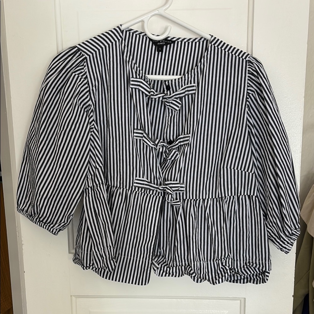 Black and White Striped Blouse with Bows